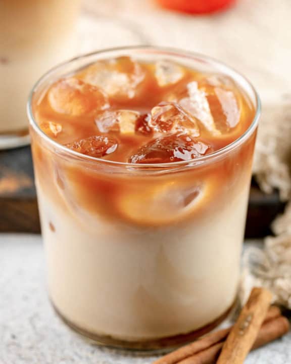homemade Starbucks iced apple crisp macchiato drink.