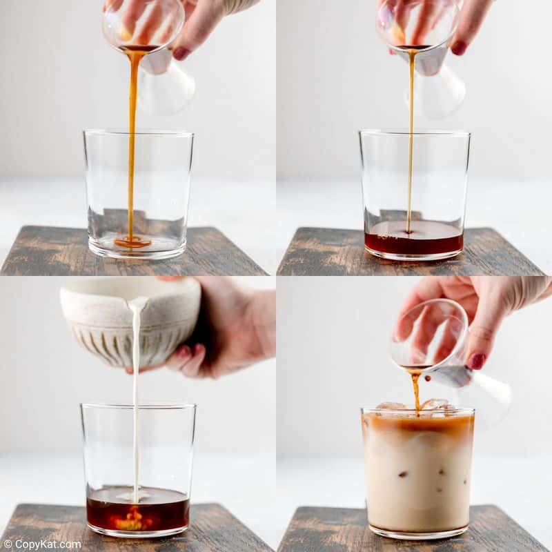 collage of recipe steps to make Starbucks iced apple crisp macchiato.