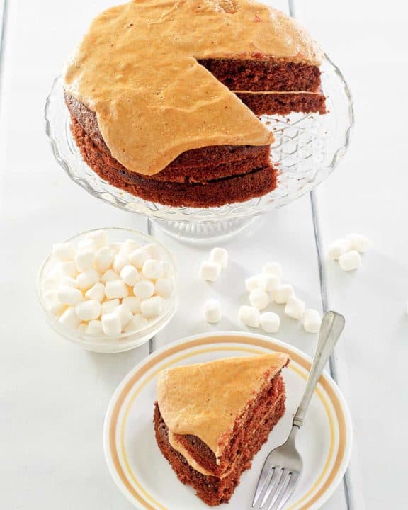 brown sugar boiled frosting on a cake and marshmallows.