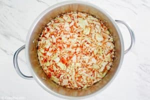 cabbage soup ingredients in a pot before cooking the soup.