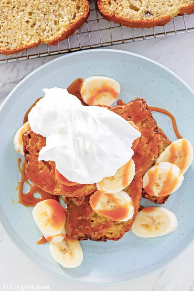 overhead view of homemade IHOP Banana Bread French Toast.