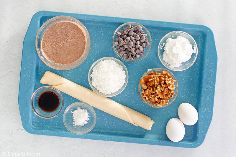 Marie Callender's German Chocolate Pie ingredients on a tray.