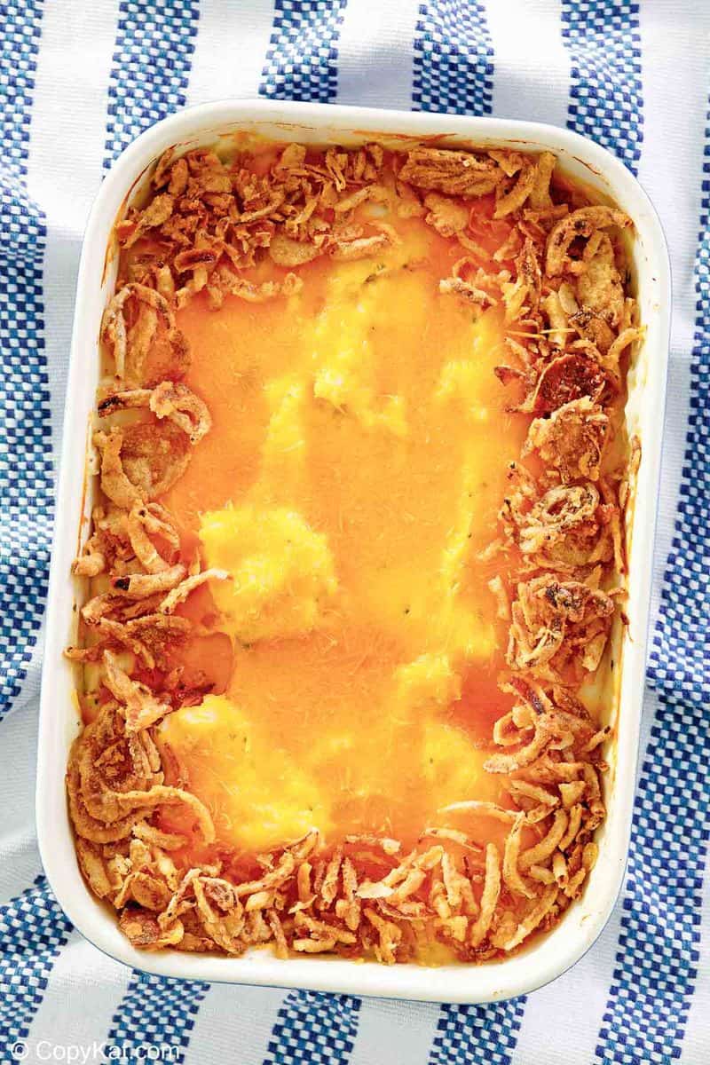 overhead view of mashed potato casserole.
