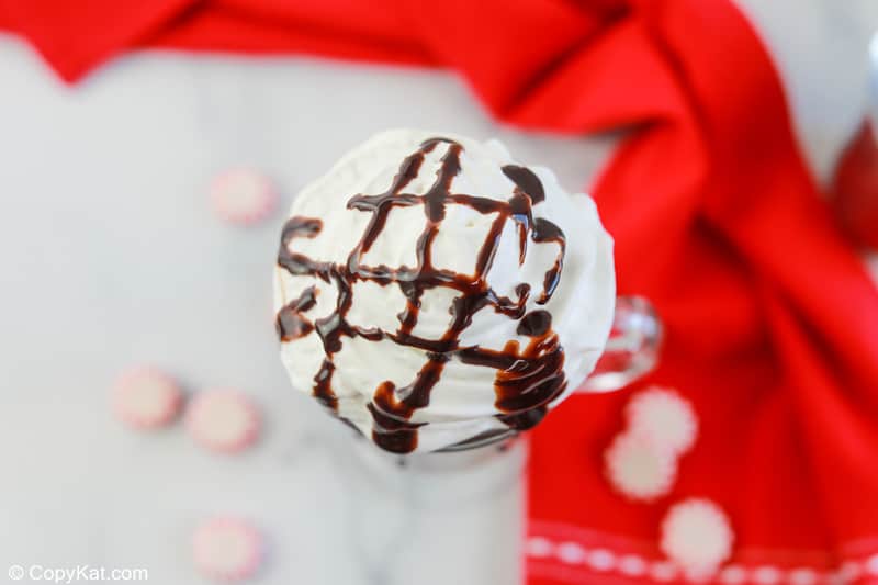 overhead view of a homemade McDonald's peppermint mocha.