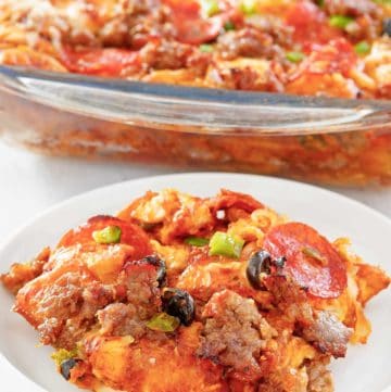 pizza monkey bread on a plate and in a baking dish.