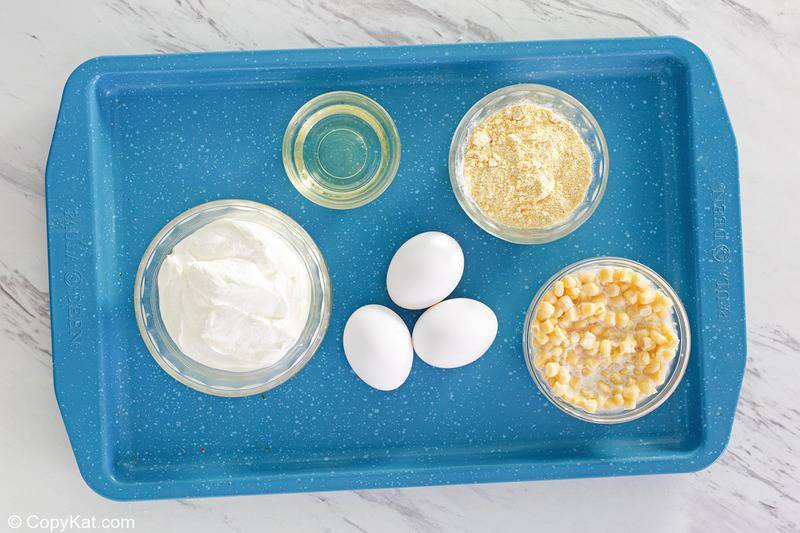 sour cream cornbread ingredients on a tray.