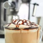 homemade Starbucks cafe mocha coffee drink in a glass mug.