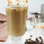 homemade Starbucks smoked butterscotch latte and coffee beans.