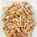 American chop suey with ground beef and rice on a platter.