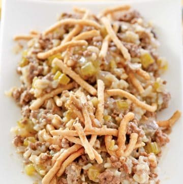 American chop suey with ground beef and rice on a platter.