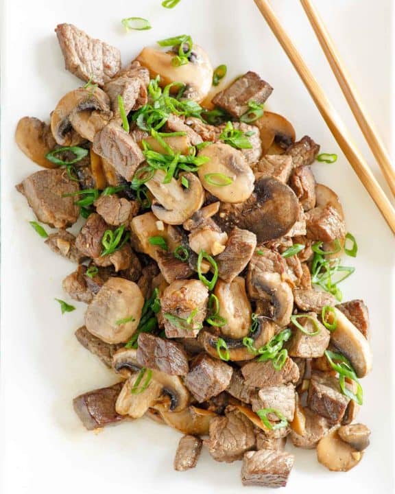 overhead view of homemade Benihana Hibachi Steak on a platter.