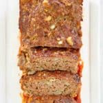 overhead view of brown sugar meatloaf on a platter.