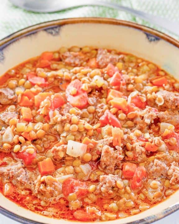 a bowl of homemade Carrabba's sausage lentil soup.