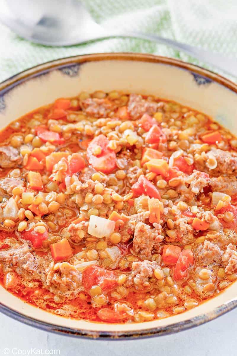 a bowl of homemade Carrabba's sausage lentil soup.