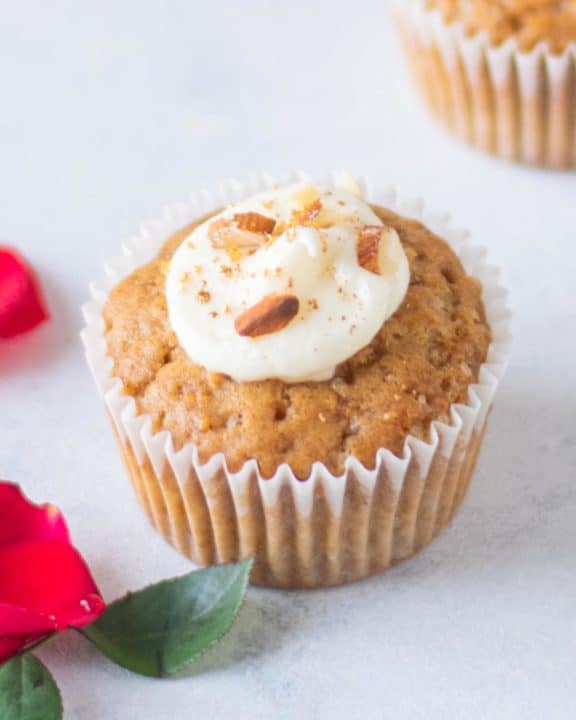 carrot cake cupcake with cream cheese frosting.