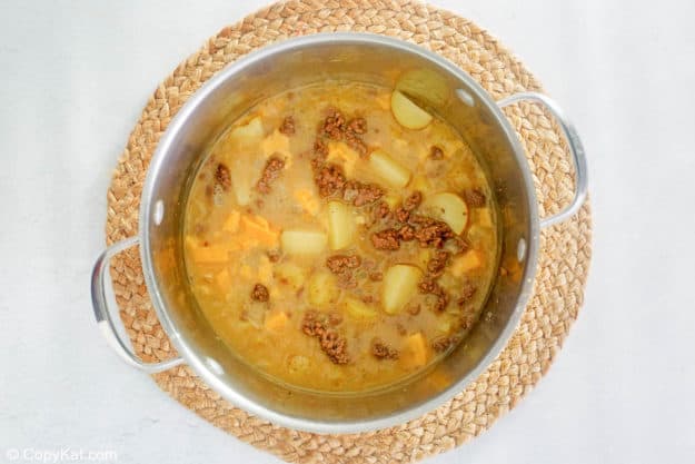 cheeseburger soup mixture in a pot.