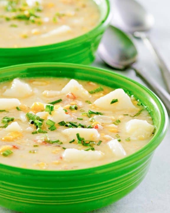 closeup of corn chowder in a bowl.