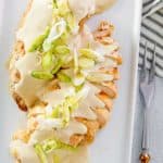 overhead view of cream cheese chicken on a platter.