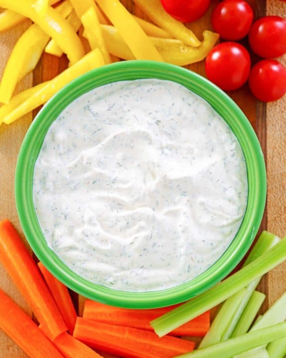 overhead view of dill dip and assorted vegetables.