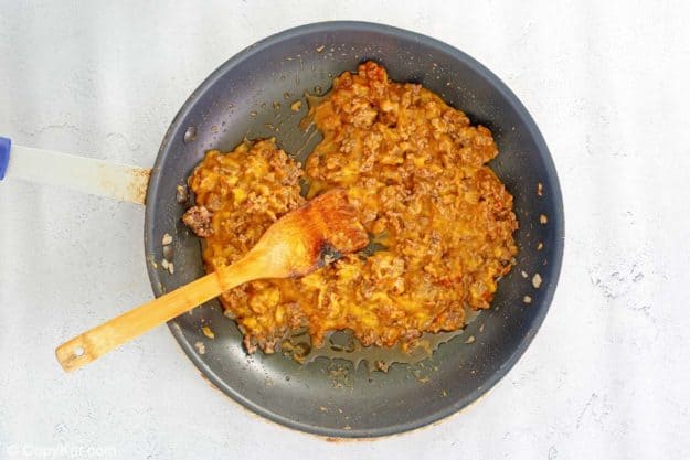 loose meat sandwich filling mixture in a skillet.