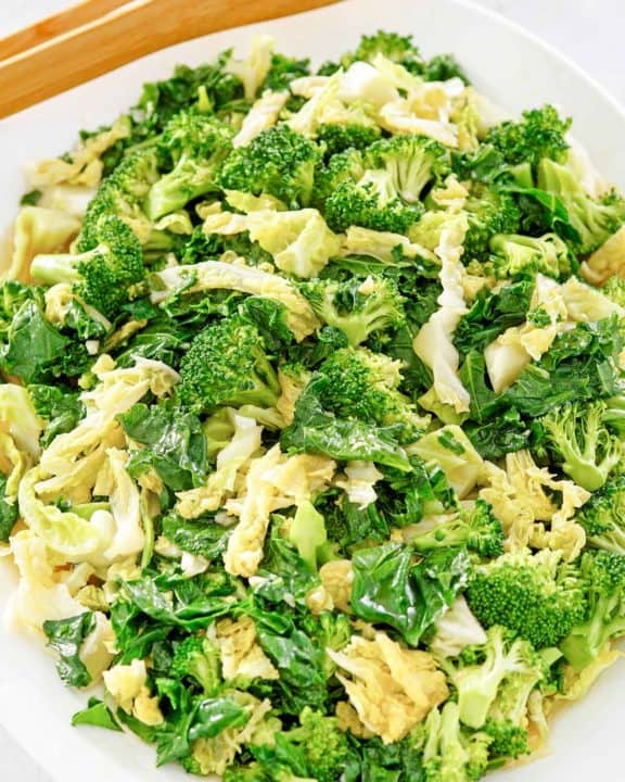 homemade Panda Express super greens on a white platter.