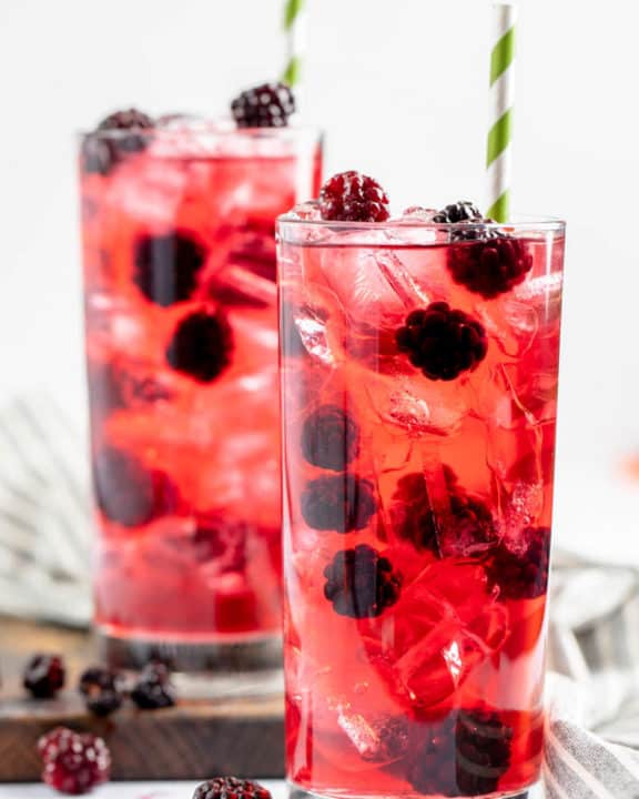 two glasses of homemade Starbucks very berry hibiscus refresher drink