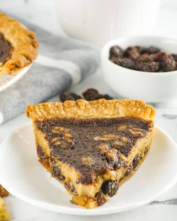a slice of chess pie with nuts and raisins.