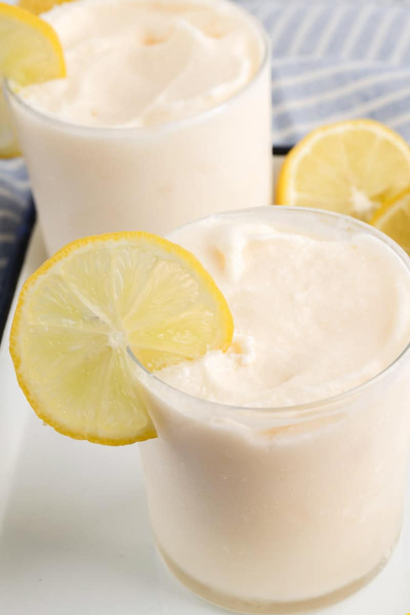 two glasses of homemade Chick Fil A frosted lemonade.