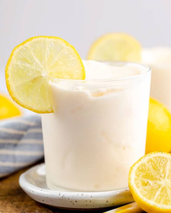 homemade Chick Fil A frosted lemonade on a coaster.