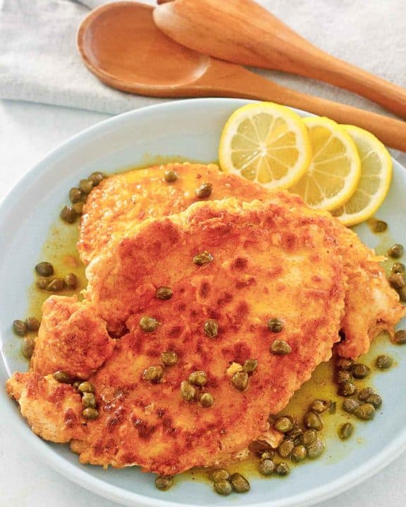 homemade Buca di Beppo chicken limone (lemon chicken) with capers.