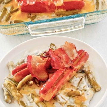 green bean hot dog casserole on a plate and in a baking dish.