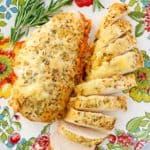 overhead view of rosemary chicken on a plate.