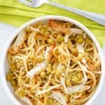 overhead view of chicken tetrazzini in a bowl.