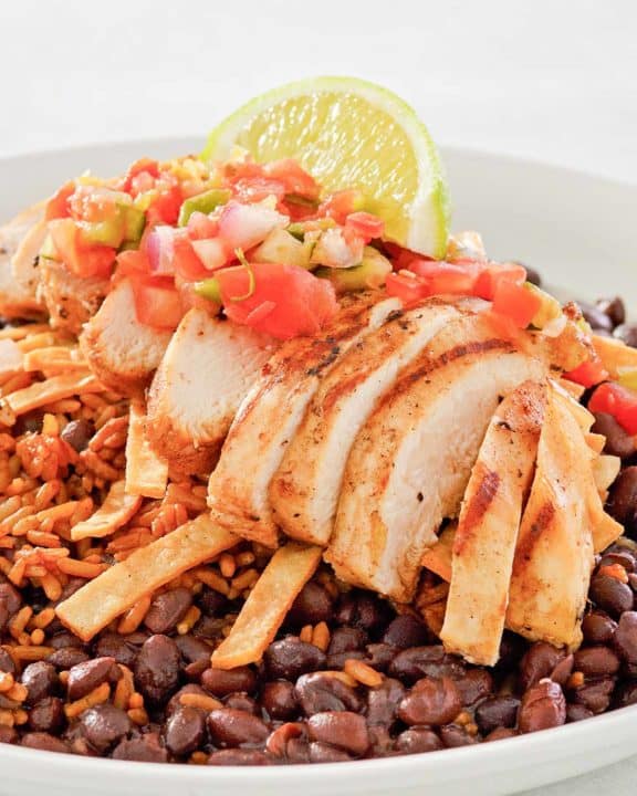 homemade Chili's margarita grilled chicken over black beans.