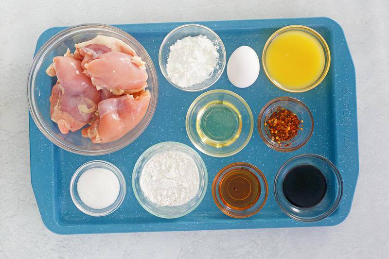 Panda Express orange chicken ingredients on a tray.