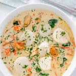 overhead view of a bowl of seafood bisque.