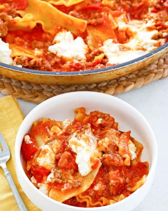 lasagna in a bowl and a skillet.