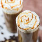 two homemade Starbucks salted caramel latte drinks.