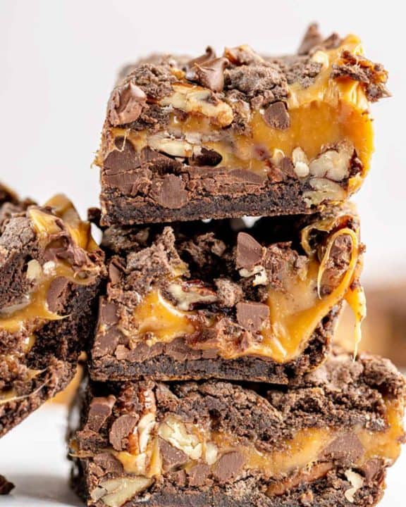 a stack of turtle brownies.