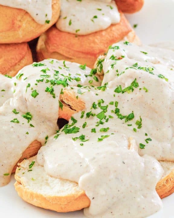 homemade white gravy over biscuits.