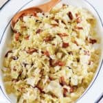boiled cabbage with bacon on a serving platter.