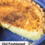 buttermilk pie in a blue pie plate.
