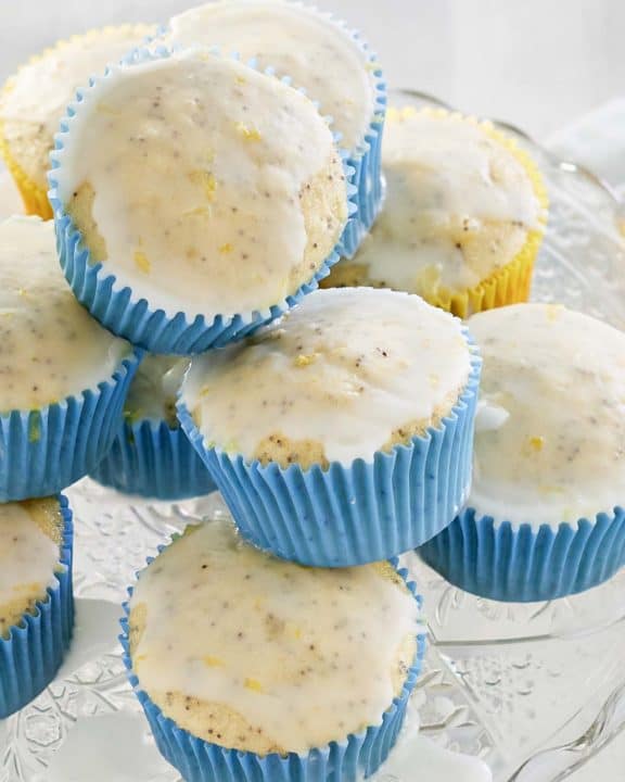 lemon poppy seed muffins with lemon glaze.