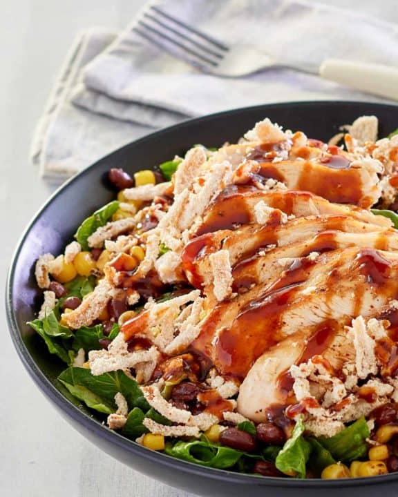 copycat Panera BBQ chicken salad and a fork on a napkin.