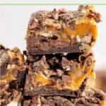 three turtle brownies in a stack.