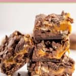 a stack of four turtle brownies.