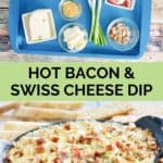 hot bacon swiss dip ingredients and finished dip.