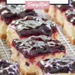 homemade blueberry cheesecake bars with graham cracker crust.