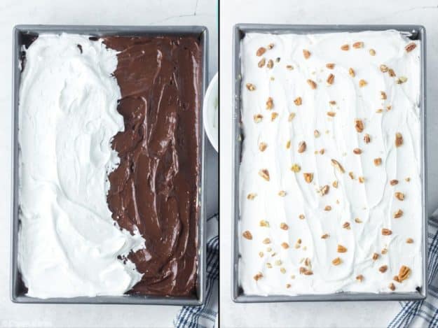 collage of chocolate delight cool whip layer recipe steps.