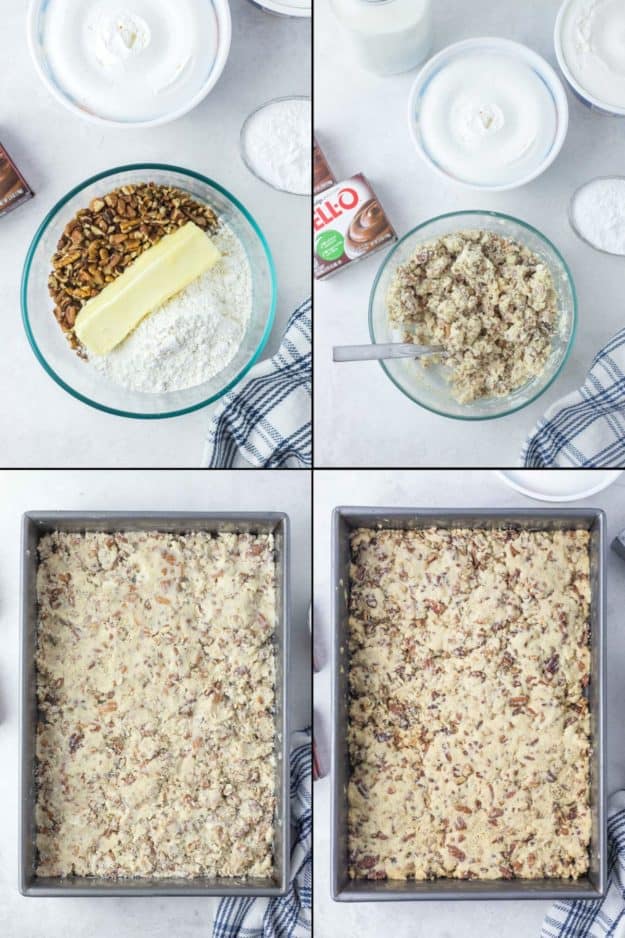 collage of chocolate delight pecan crust recipe steps.